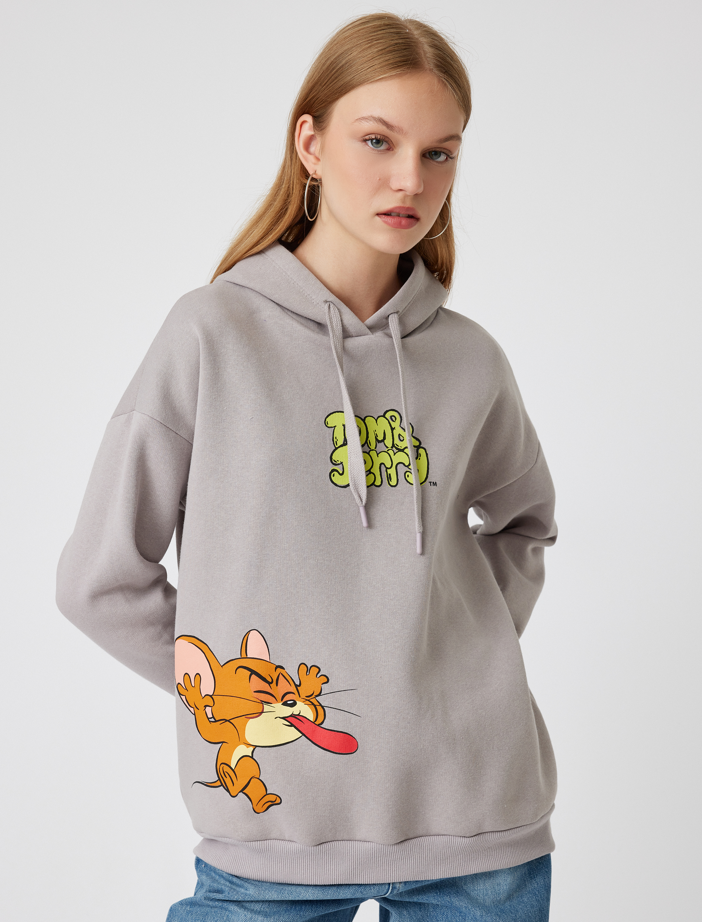  Şardonlu Tom ve Jerry Oversize Kapüşonlu Sweatshirt Baskılı Lisanslı