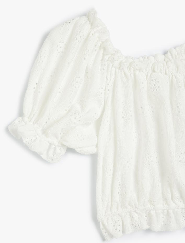 Kız Çocuk Crop Bluz Kısa Balon Kollu Fırfır Detaylı