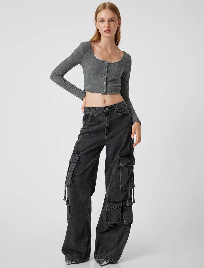  Uzun Kollu Tişört Crop U Yaka Düğmeli Slim Fit