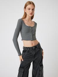 Uzun Kollu Tişört Crop U Yaka Düğmeli Slim Fit