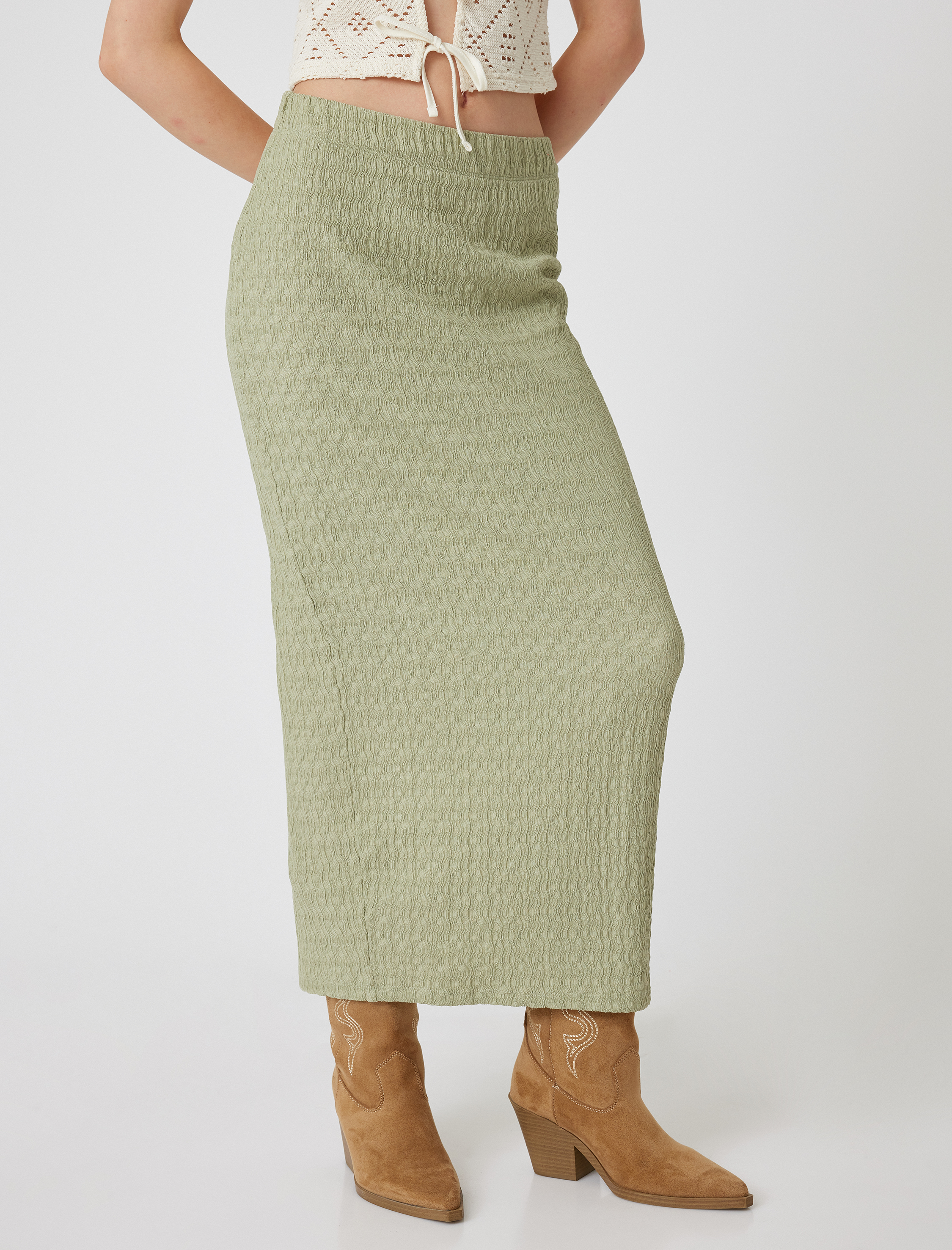 Midi Kalem Etek Yüksek Bel Yırtmaç Detaylı Dokulu Bürümcük