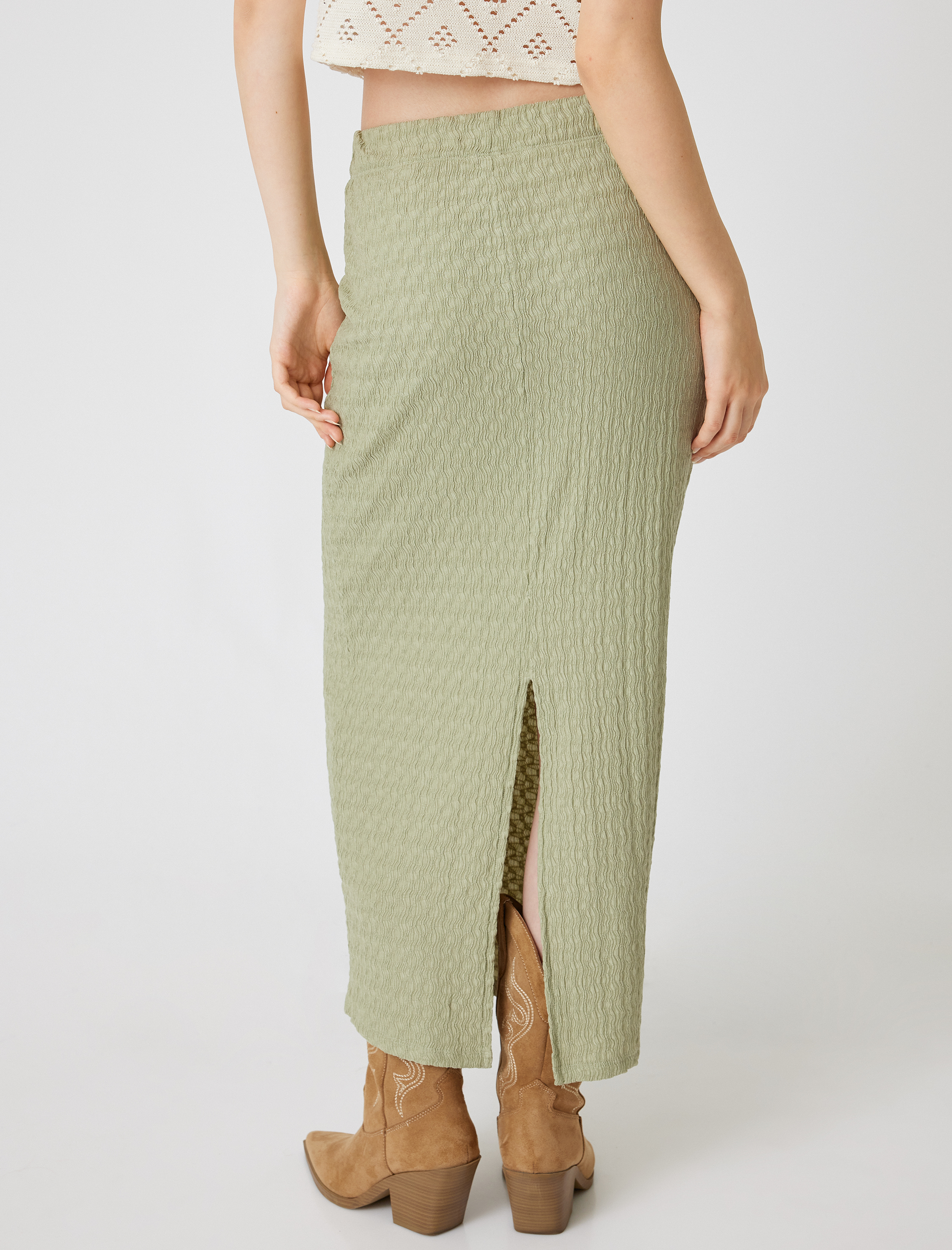 Midi Kalem Etek Yüksek Bel Yırtmaç Detaylı Dokulu Bürümcük