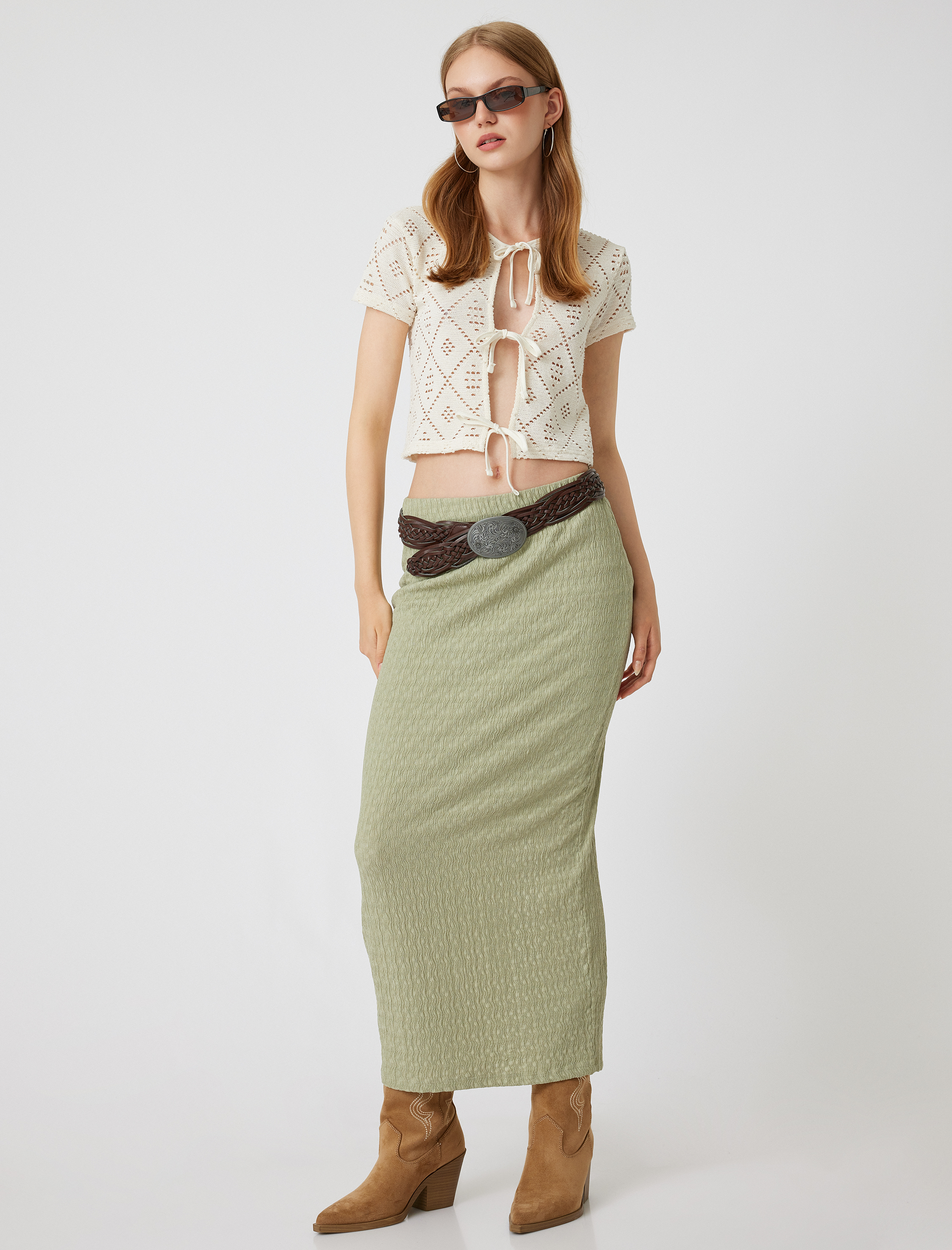 Midi Kalem Etek Yüksek Bel Yırtmaç Detaylı Dokulu Bürümcük