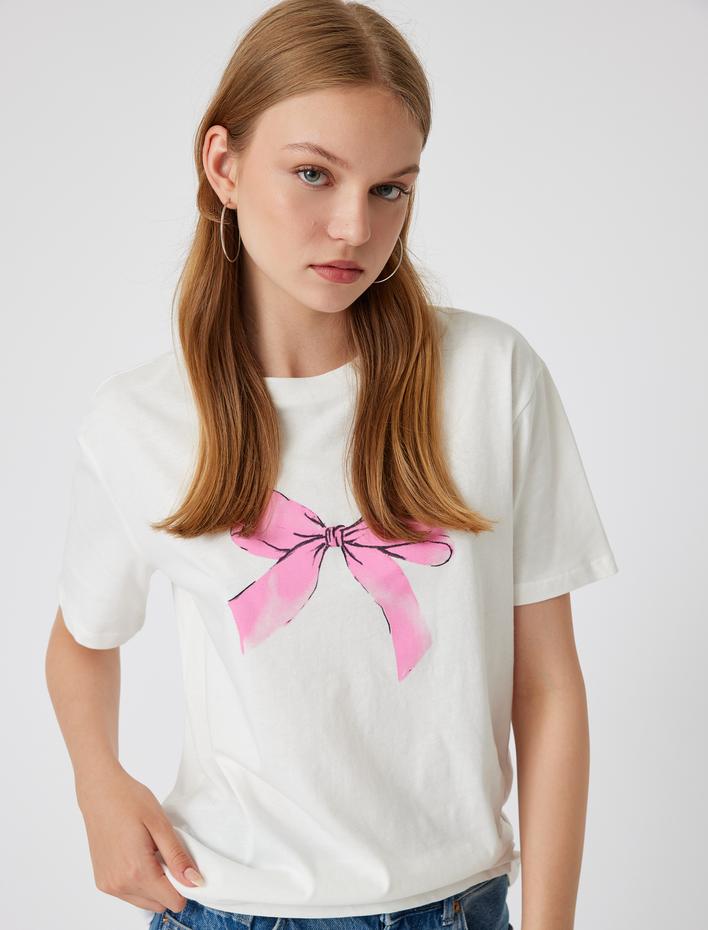  Oversize Fiyonk Baskılı Tişört Bisiklet Yaka Kısa Kollu