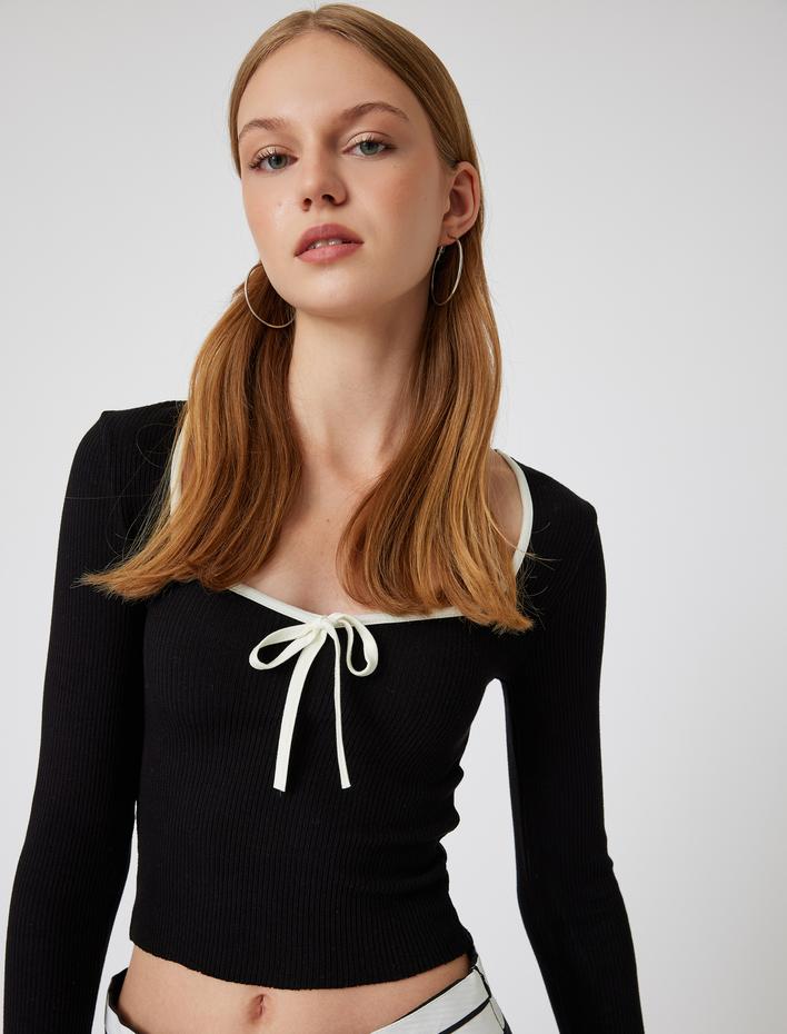  Uzun Kollu Bluz Fiyonk Detaylı Kalp Yaka Biyeli Fitilli Slim Fit