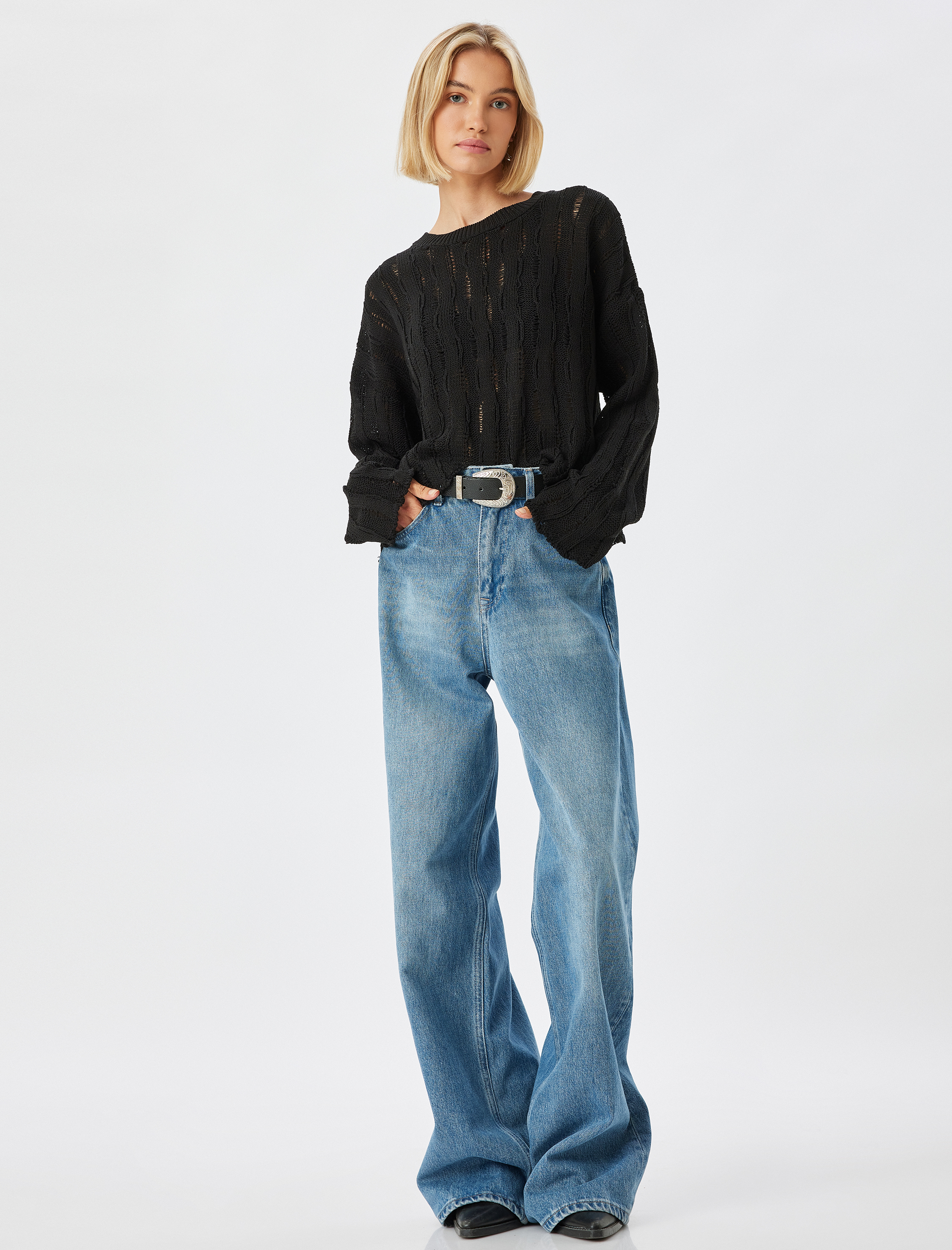 ko⭐︎ Ekru Kadın Ajurlu Oversize Kazak Uzun Kollu Bisiklet Yaka