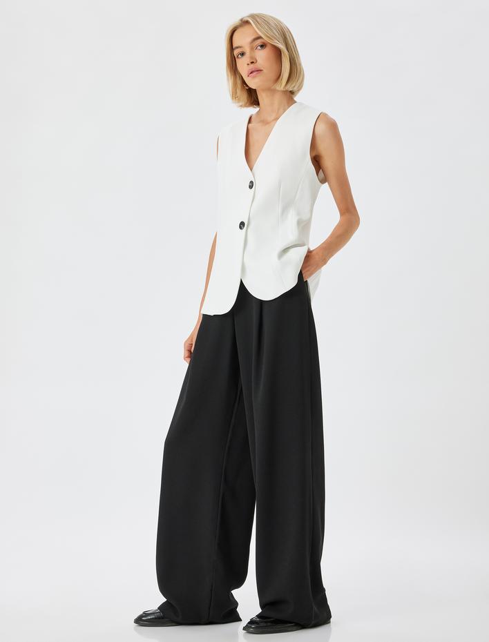  Cepli Pile Detaylı Yüksek Bel Palazzo Pantolon