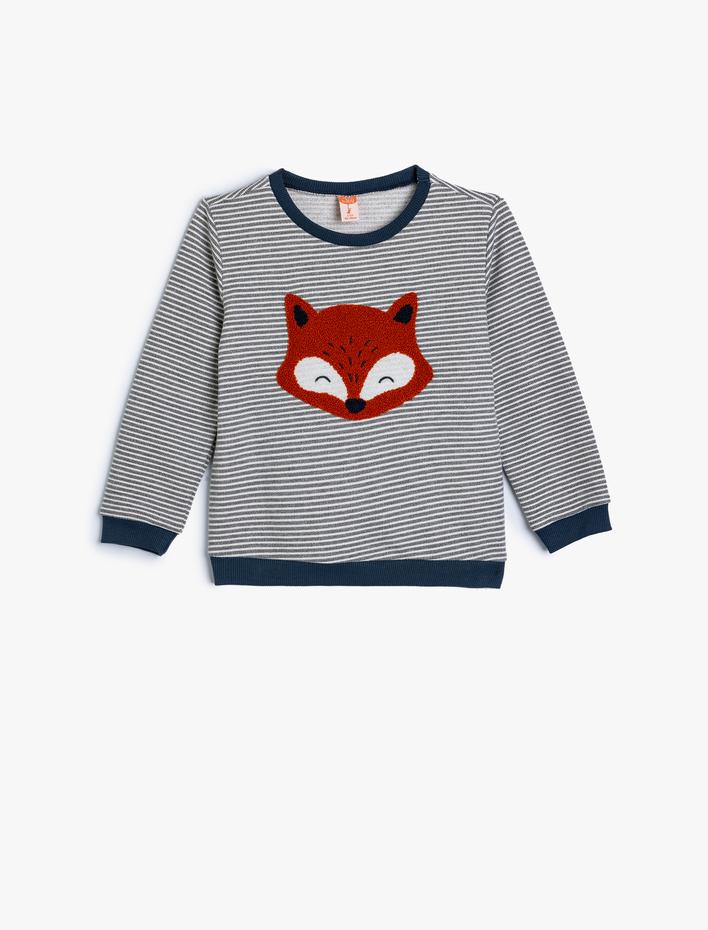 Erkek Bebek Sweatshirt Peluş Tilki Aplike Detaylı Bisiklet Yaka