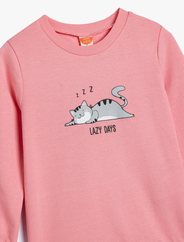 Sweatshirt Kedi Baskılı Bisiklet Yaka Pamuklu Şardonlu_2