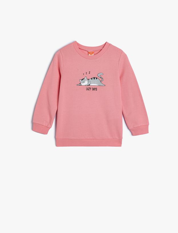 Sweatshirt Kedi Baskılı Bisiklet Yaka Pamuklu Şardonlu_0