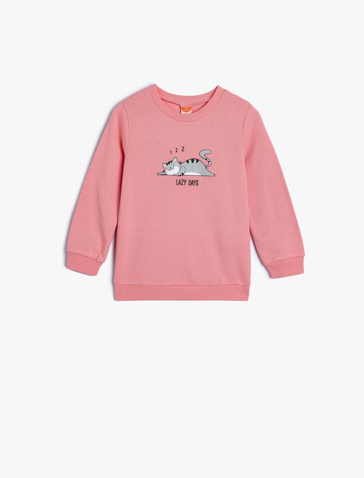 Kız Bebek Sweatshirt Kedi Baskılı Bisiklet Yaka Pamuklu Şardonlu