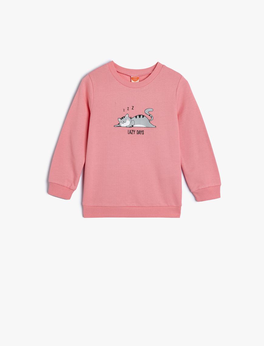  Kız Bebek Sweatshirt Kedi Baskılı Bisiklet Yaka Pamuklu Şardonlu