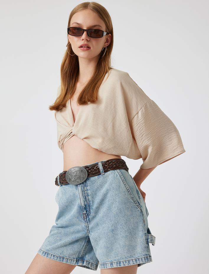  Mini Kot Şort Normal Bel Düğmeli Rahat Kalıp Cepli