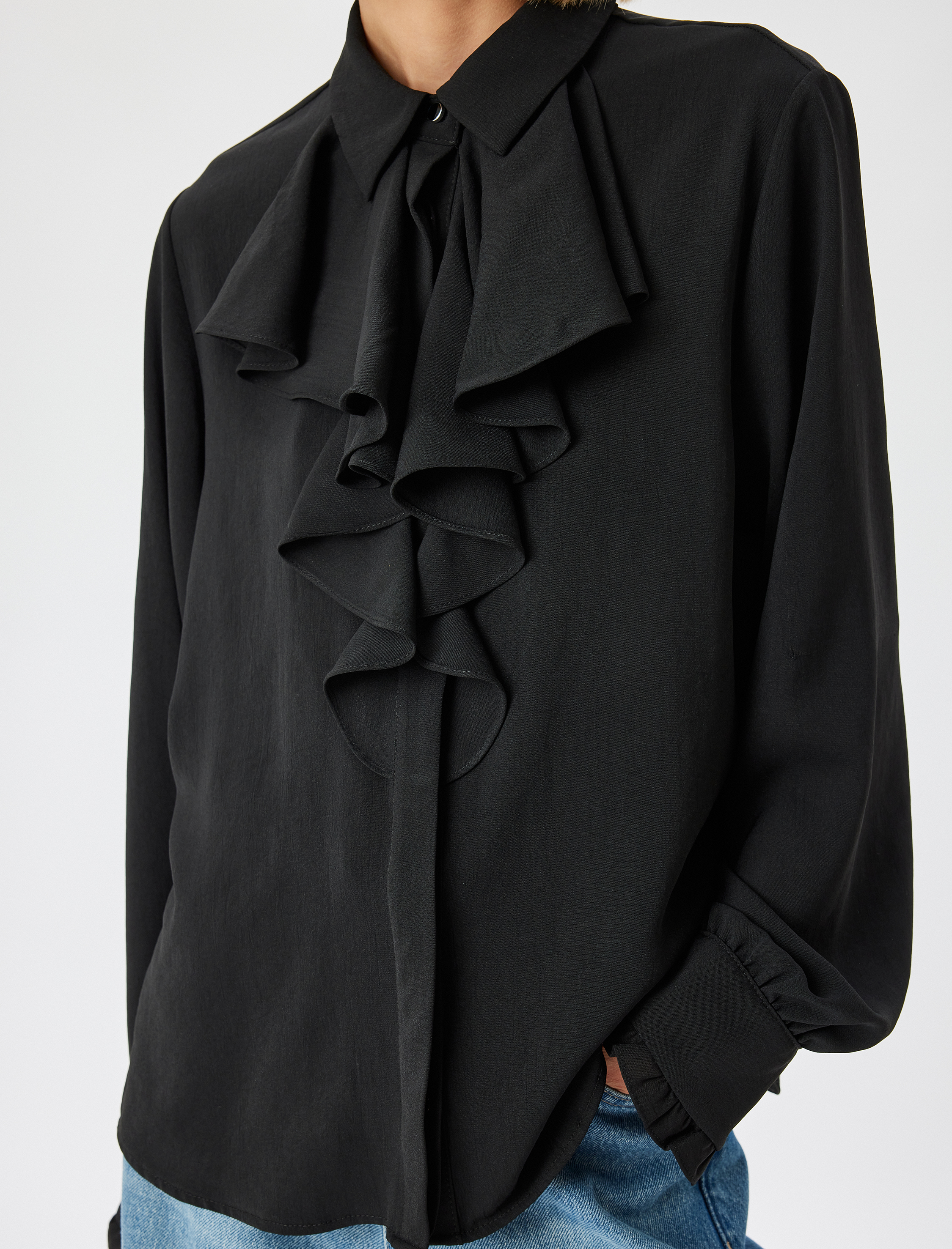   Şifon Gömlek Fırfırlı Fular Yaka Uzun Kollu