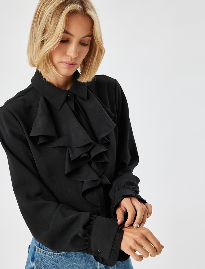  Şifon Gömlek Fırfırlı Fular Yaka Uzun Kollu