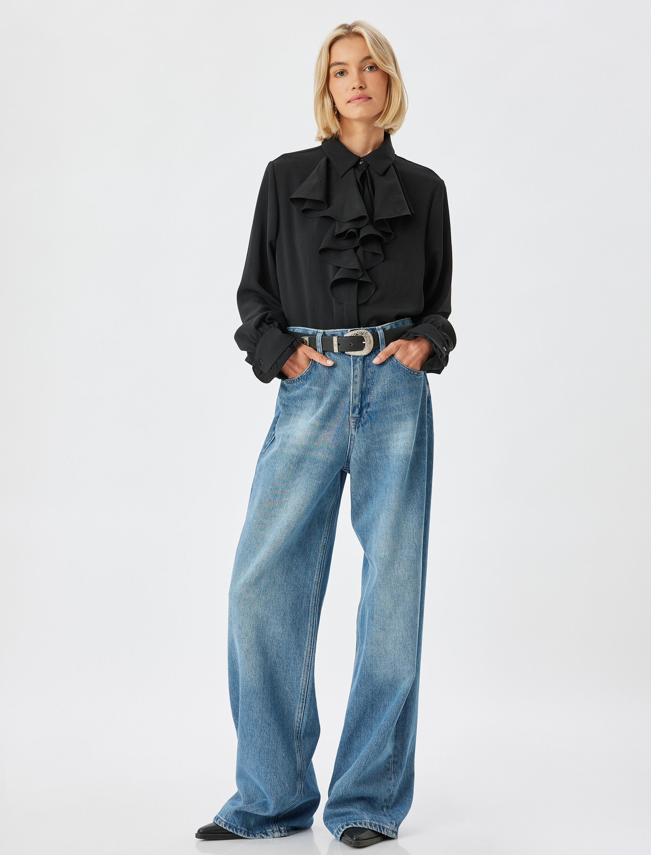   Şifon Gömlek Fırfırlı Fular Yaka Uzun Kollu