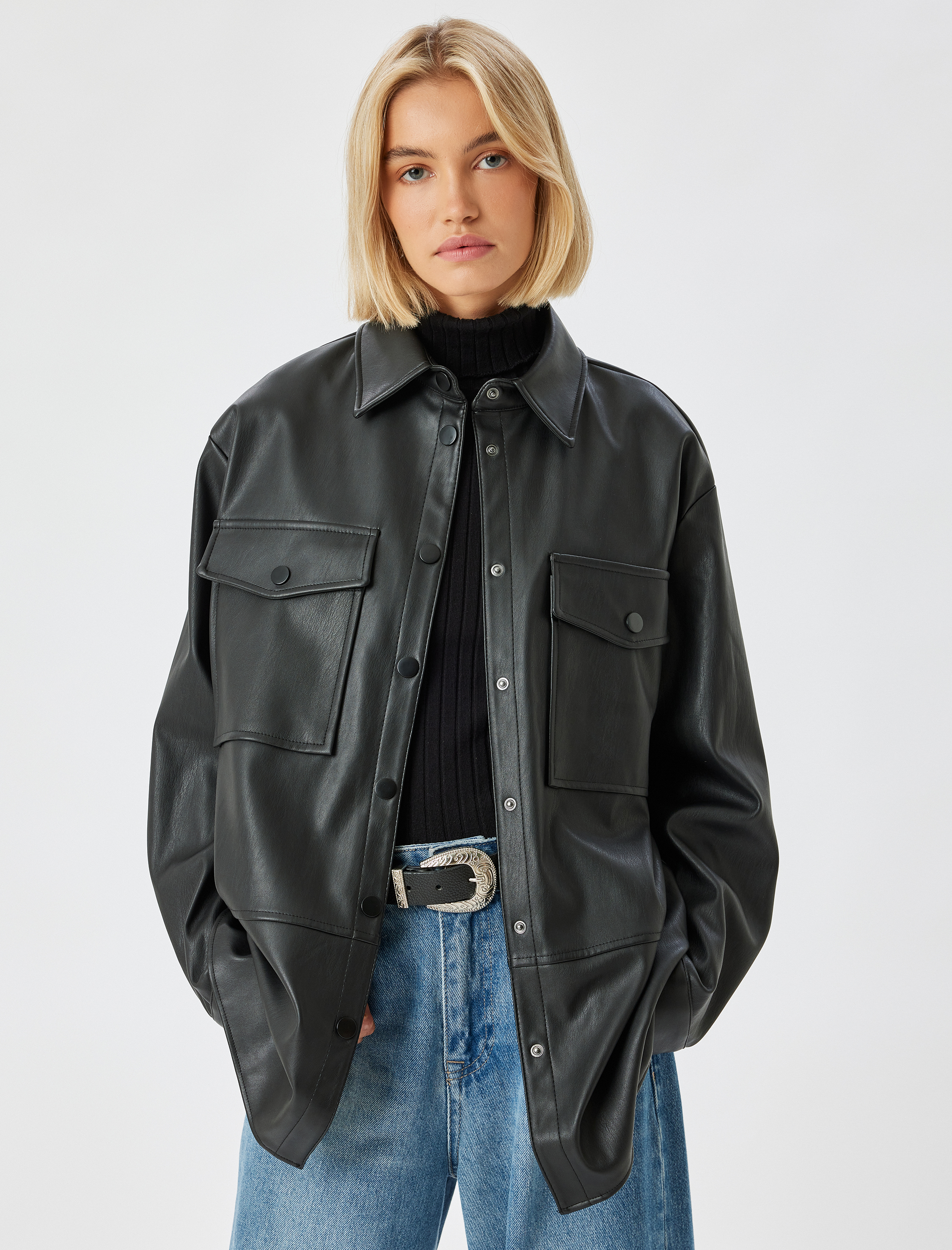   Suni Deri Oversize Gömlek Ceket Kapaklı Çift Cepli