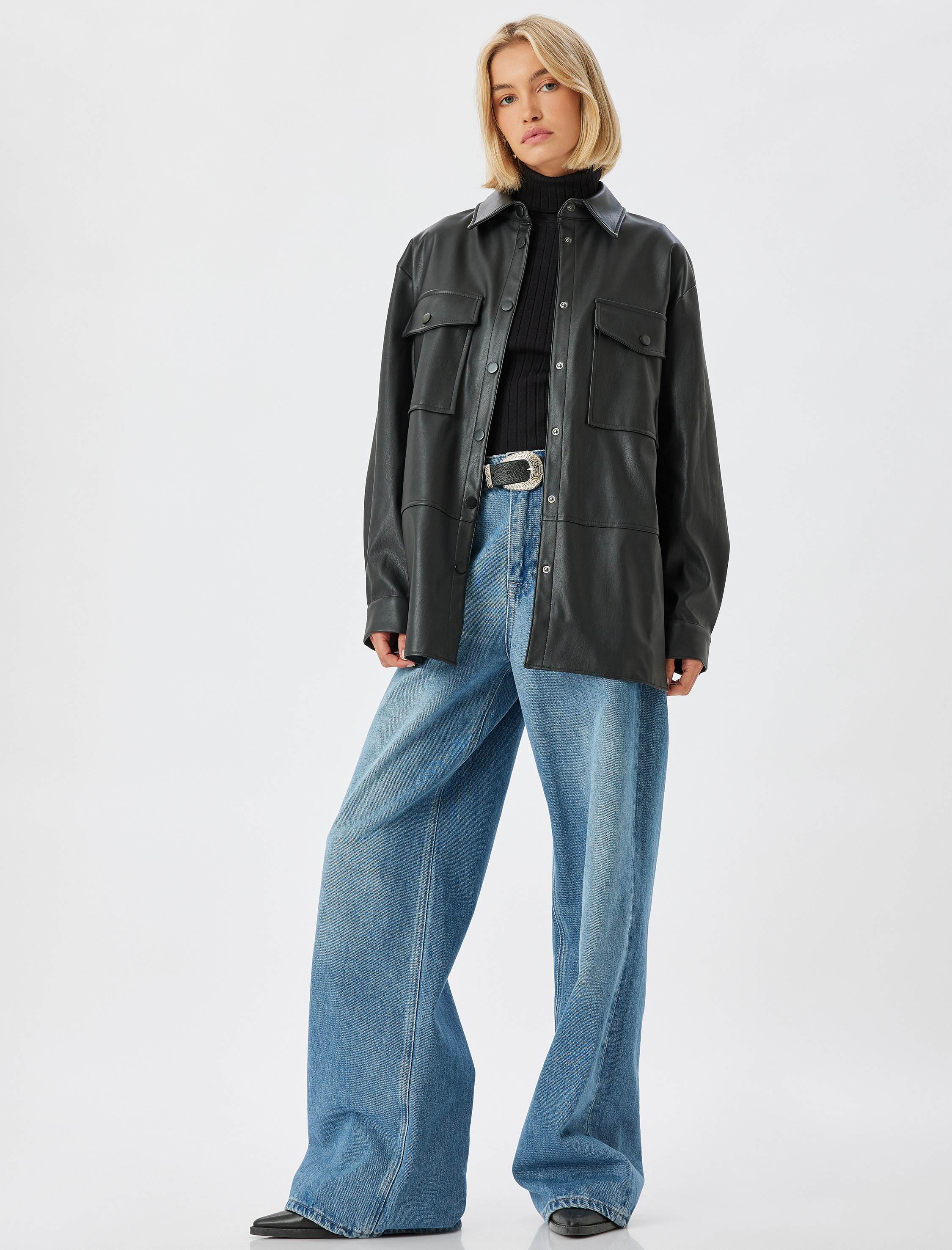   Suni Deri Oversize Gömlek Ceket Kapaklı Çift Cepli