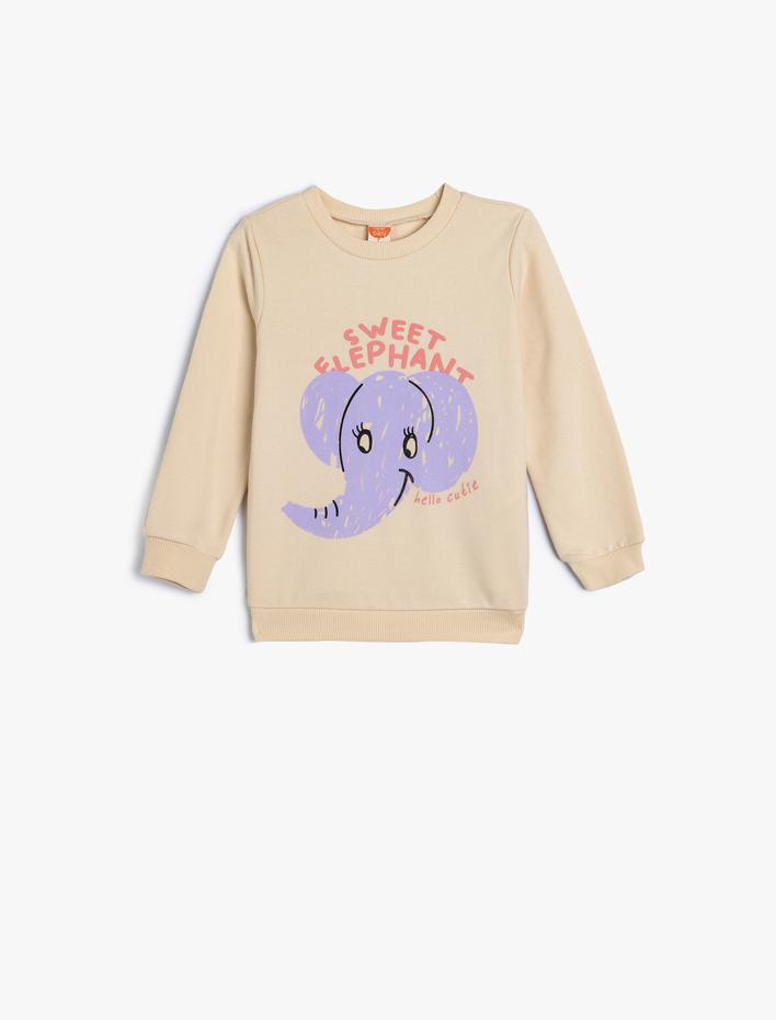 Kız Bebek Sweatshirt Fil Baskılı Bisiklet Yaka Pamuklu Şardonlu