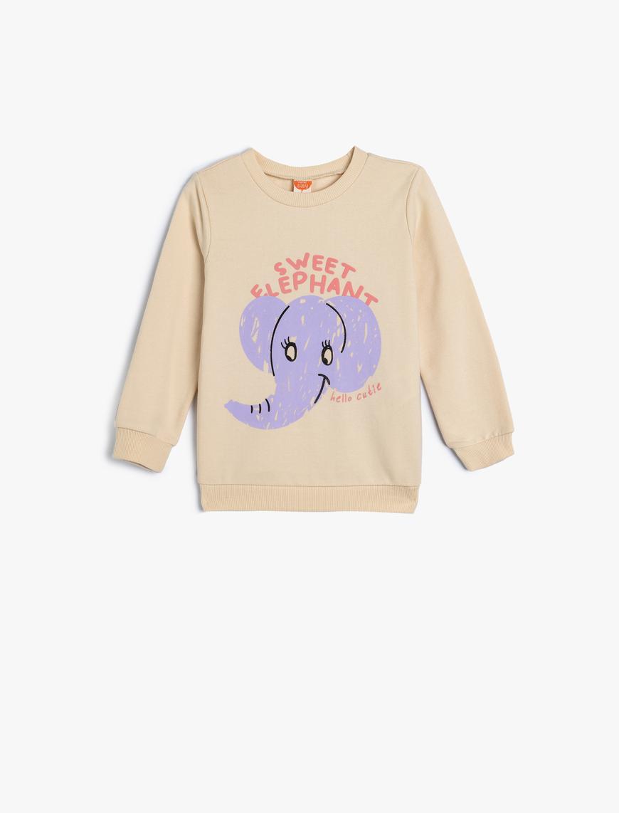  Kız Bebek Sweatshirt Fil Baskılı Bisiklet Yaka Pamuklu Şardonlu