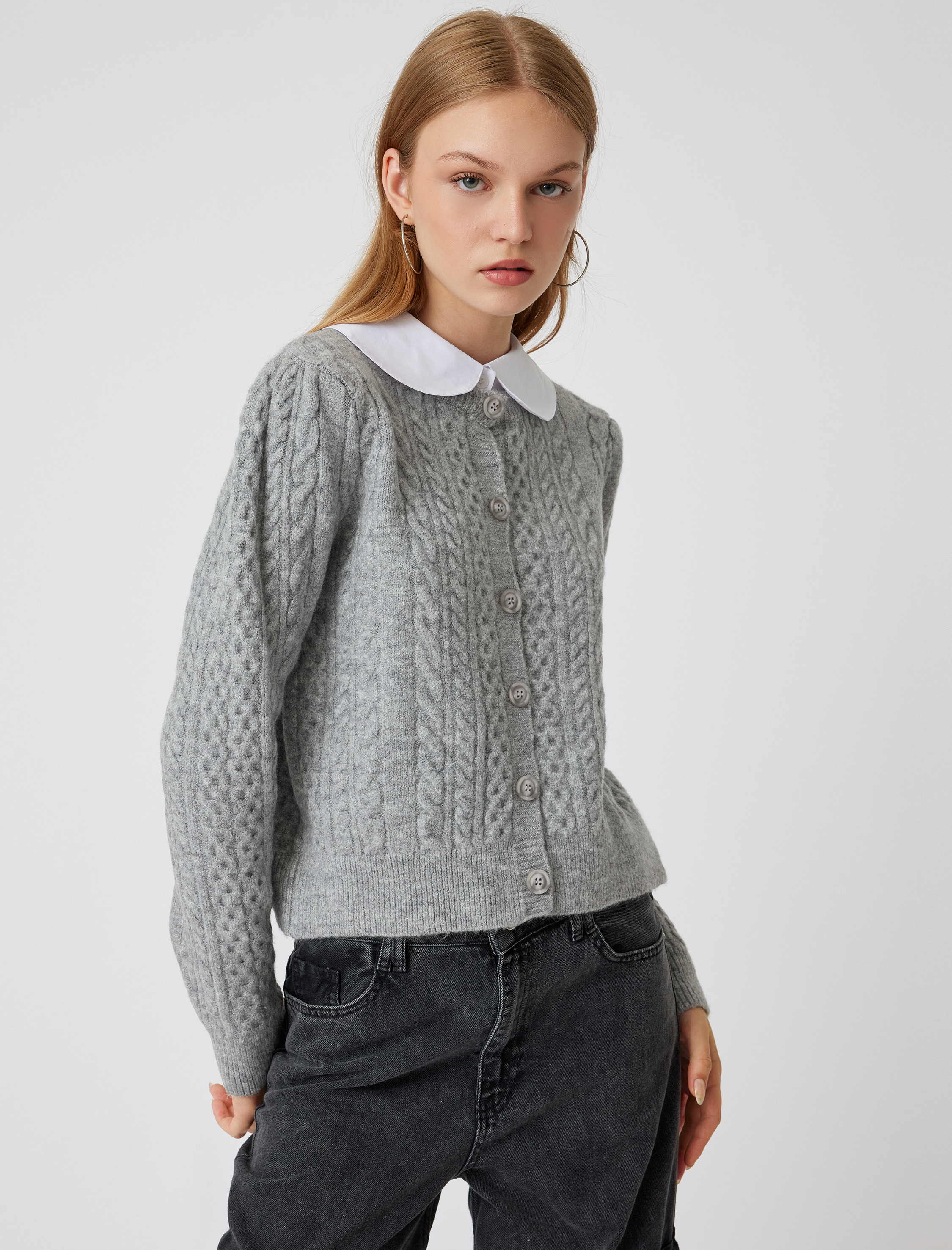   Triko Bebe Yaka Düğmeli Dokulu Uzun Kollu Hırka