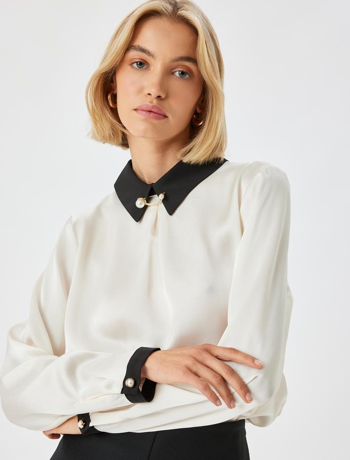  Gömlek Yaka Bluz Renk Kontrastlı Broş Detaylı Uzun Kollu