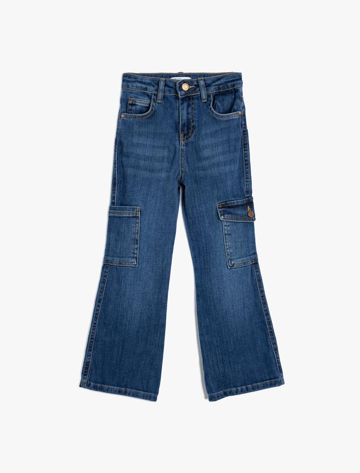 Kız Çocuk Geniş Paça Kot Pantolon Cepli Pamuklu - Wide Leg Jean