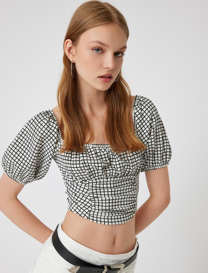  Balon Kol Crop Bluz Pötikareli Bürümcük Kare Yaka