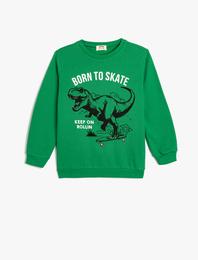 Sweatshirt Dinozor Baskılı Bisiklet Yaka Uzun Kollu Şardonlu