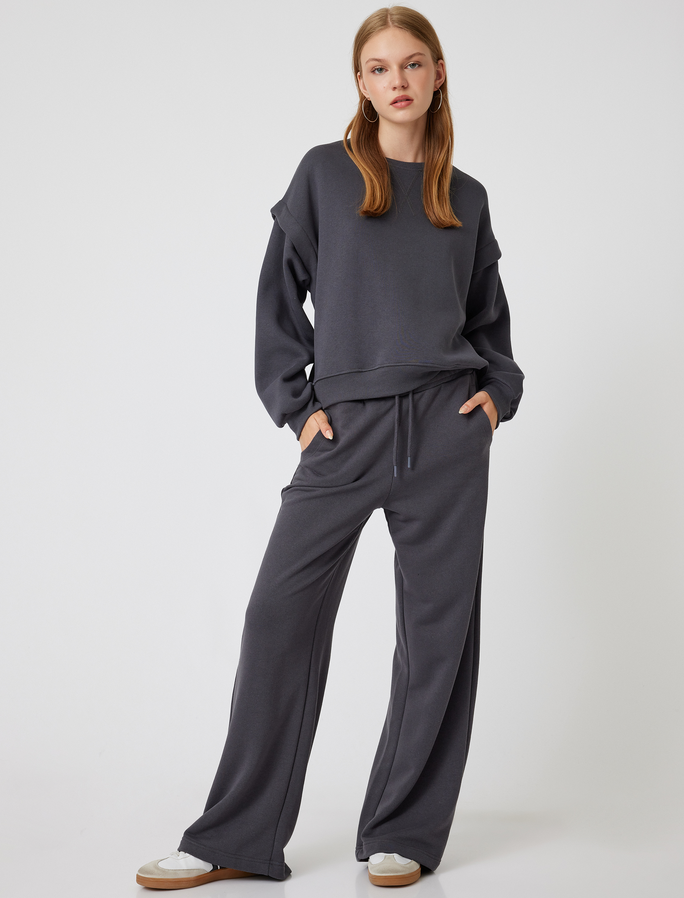   Şardonlu Basic Oversize Sweatshirt Uzun Kollu Bisiklet Yaka Dikiş Detaylı