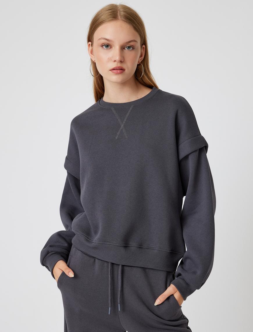   Basic Oversize Sweatshirt Uzun Kollu Bisiklet Yaka Dikiş Detaylı