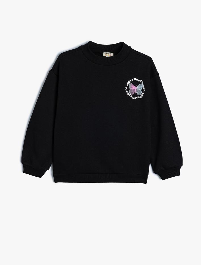 Kız Çocuk Sweatshirt Kelebek Baskılı Bisiklet Yaka Uzun Kollu Şardonlu