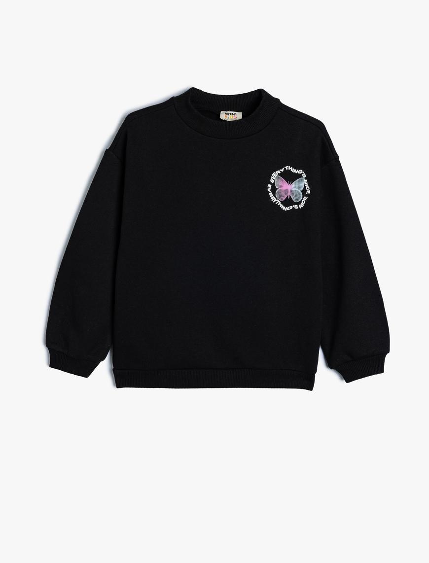  Kız Çocuk Sweatshirt Kelebek Baskılı Bisiklet Yaka Uzun Kollu Şardonlu