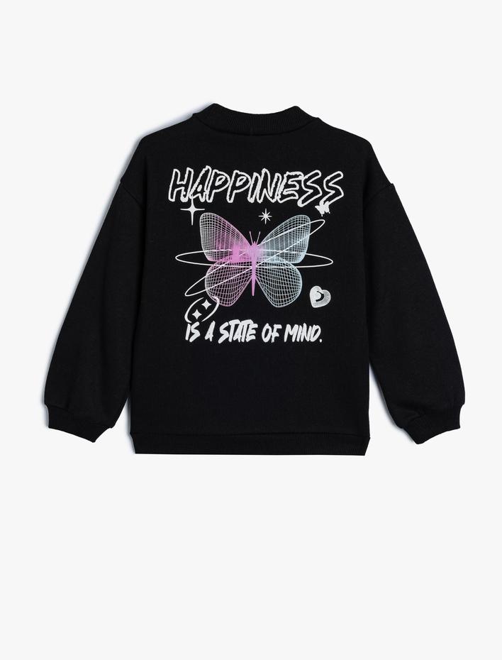 Kız Çocuk Sweatshirt Kelebek Baskılı Bisiklet Yaka Uzun Kollu Şardonlu