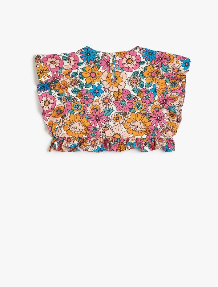 Kız Çocuk Crop Bluz Kolsuz Fırfırlı Çiçek Desenli Pamuklu