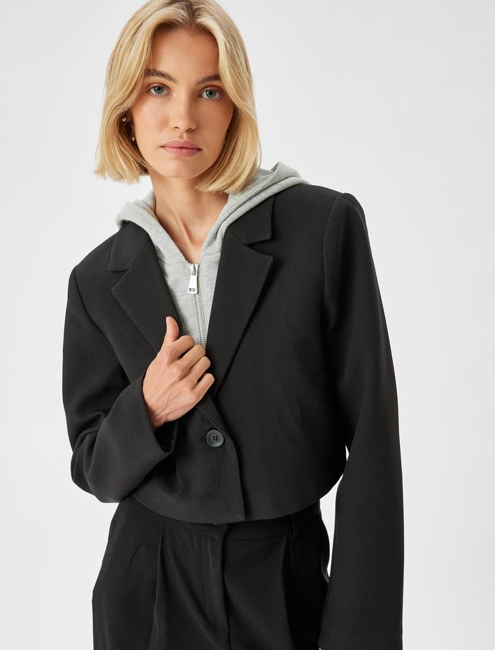  Kapüşonlu Crop Blazer Ceket Kruvaze Düğmeli