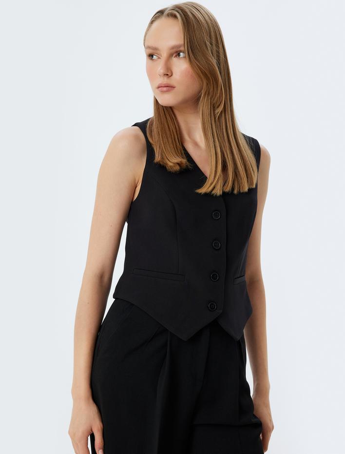  Düğmeli V Yaka Regular Fit Blazer Yelek