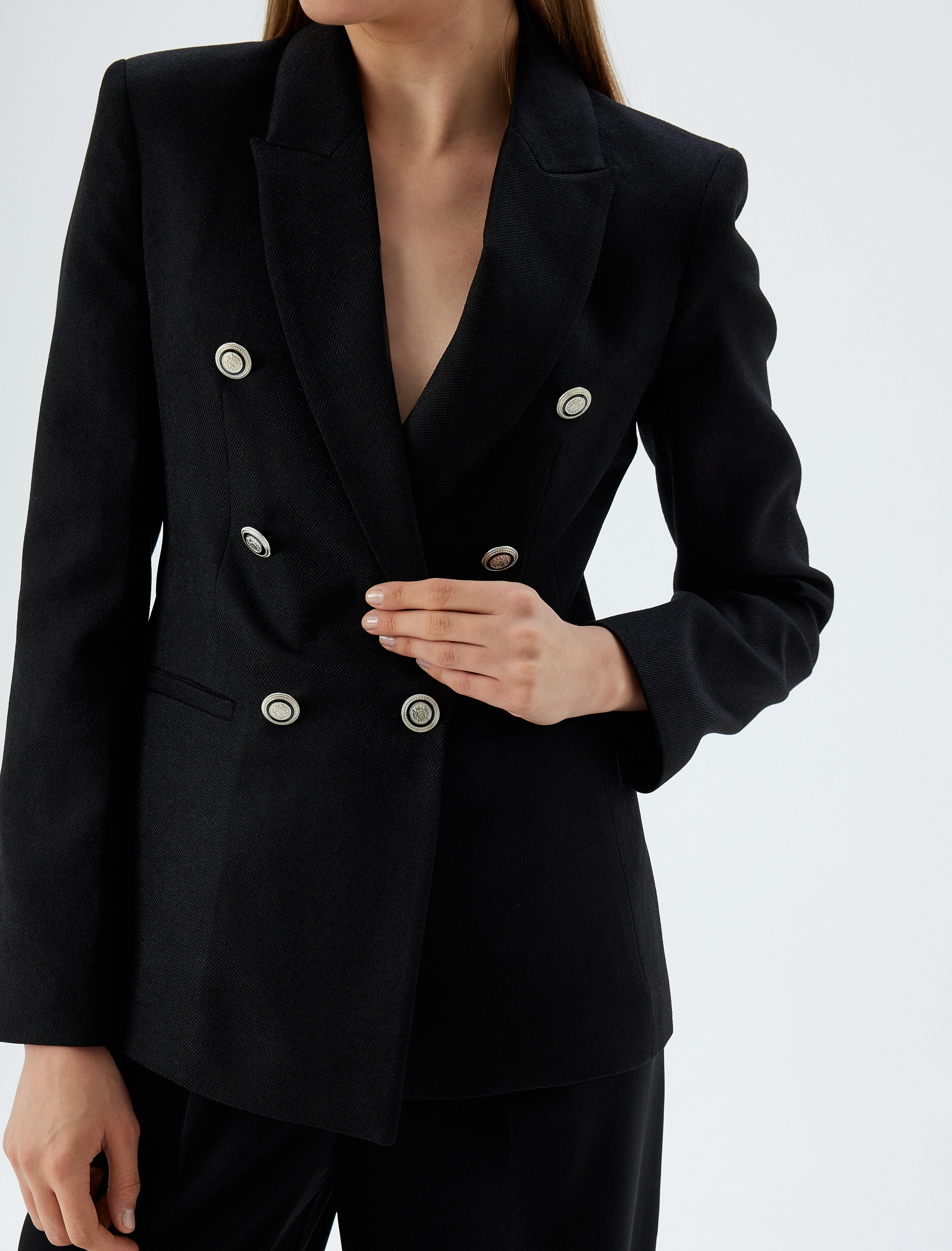   Düğmeli Cepli Kruvaze Blazer Ceket