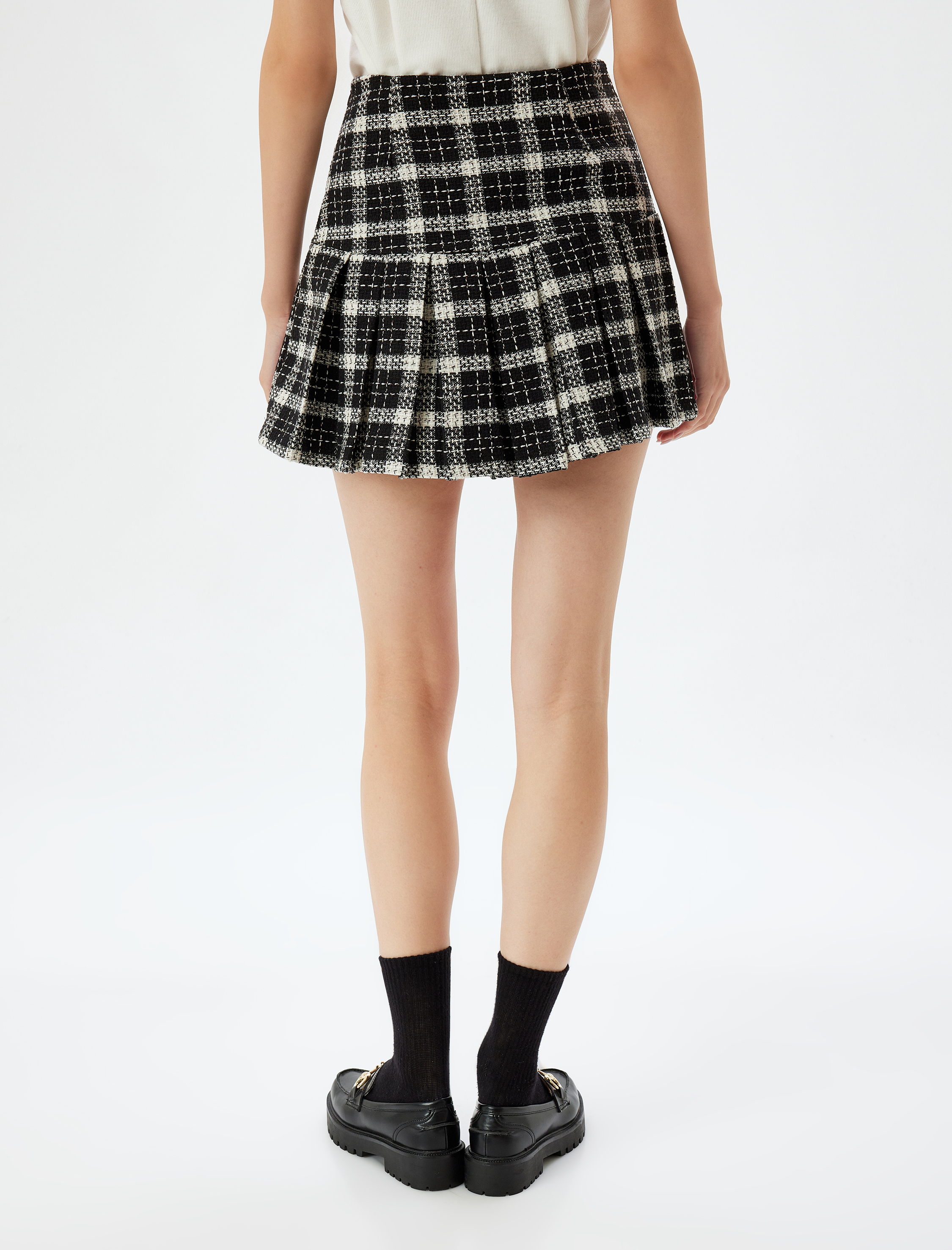 Mini Pileli Ekoseli Tüvit Etek Standart Bel Slim Fit