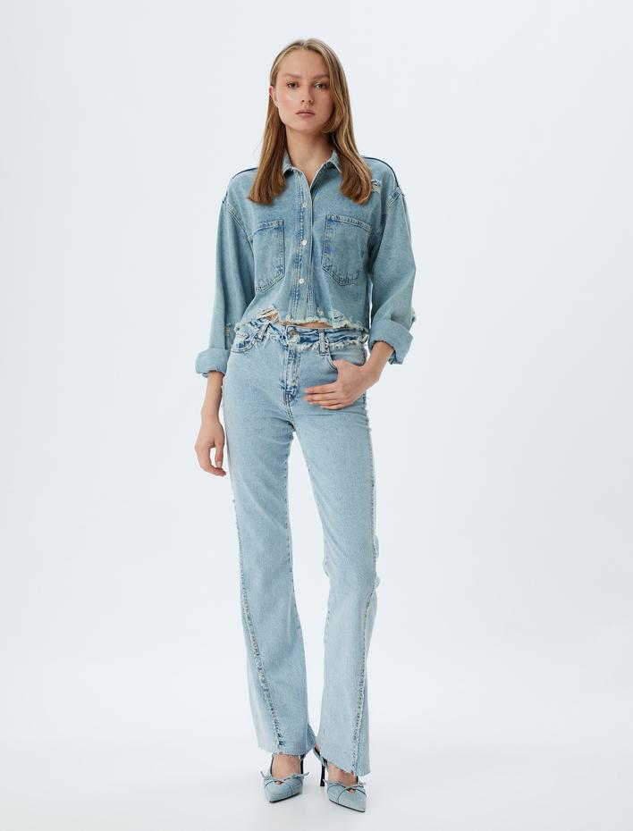  Normal Bel Slim Fit İspanyol Paça Düğmeli Kot Pantolon - Flare Jean