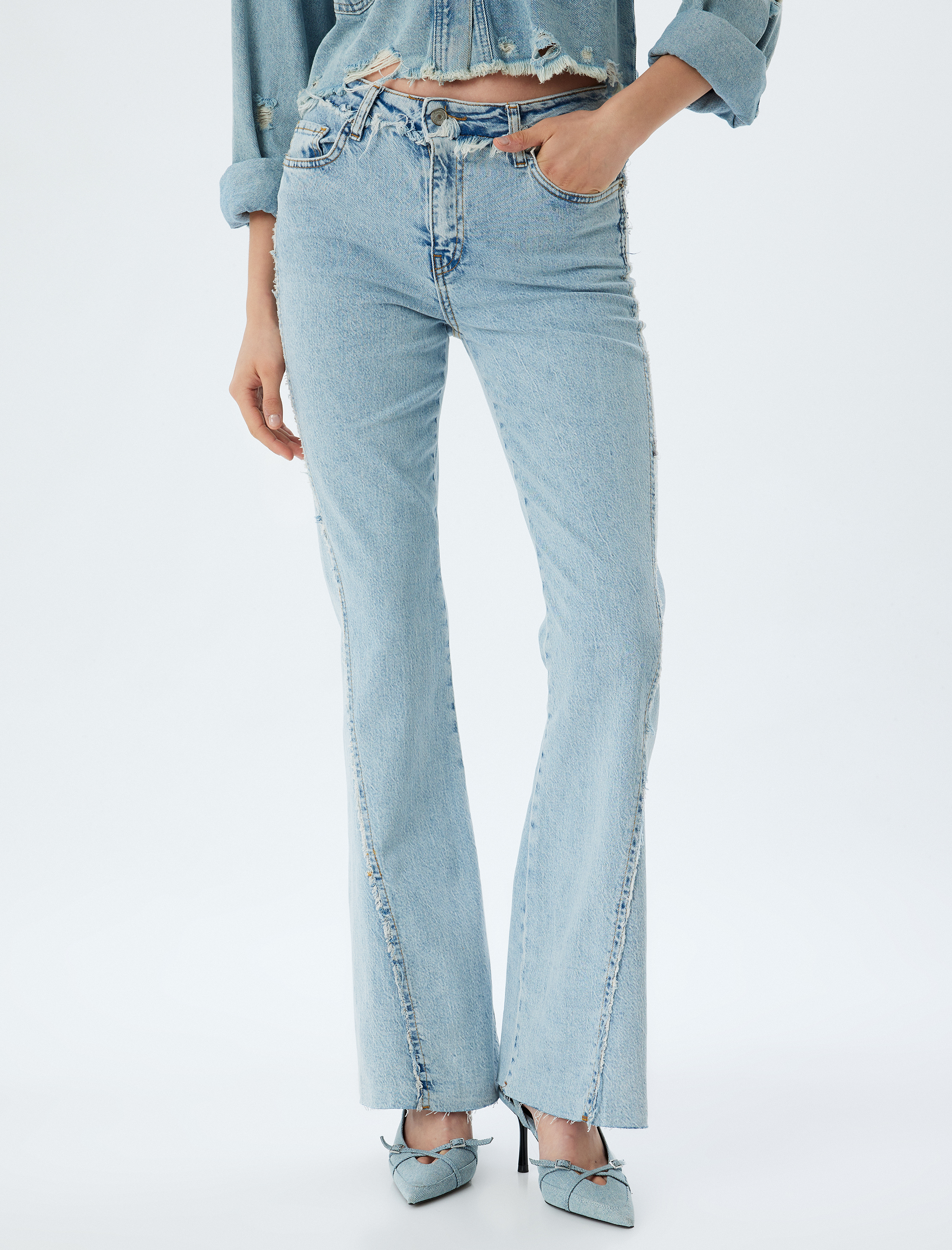 Normal Bel Slim Fit İspanyol Paça Düğmeli Kot Pantolon - Flare Jean