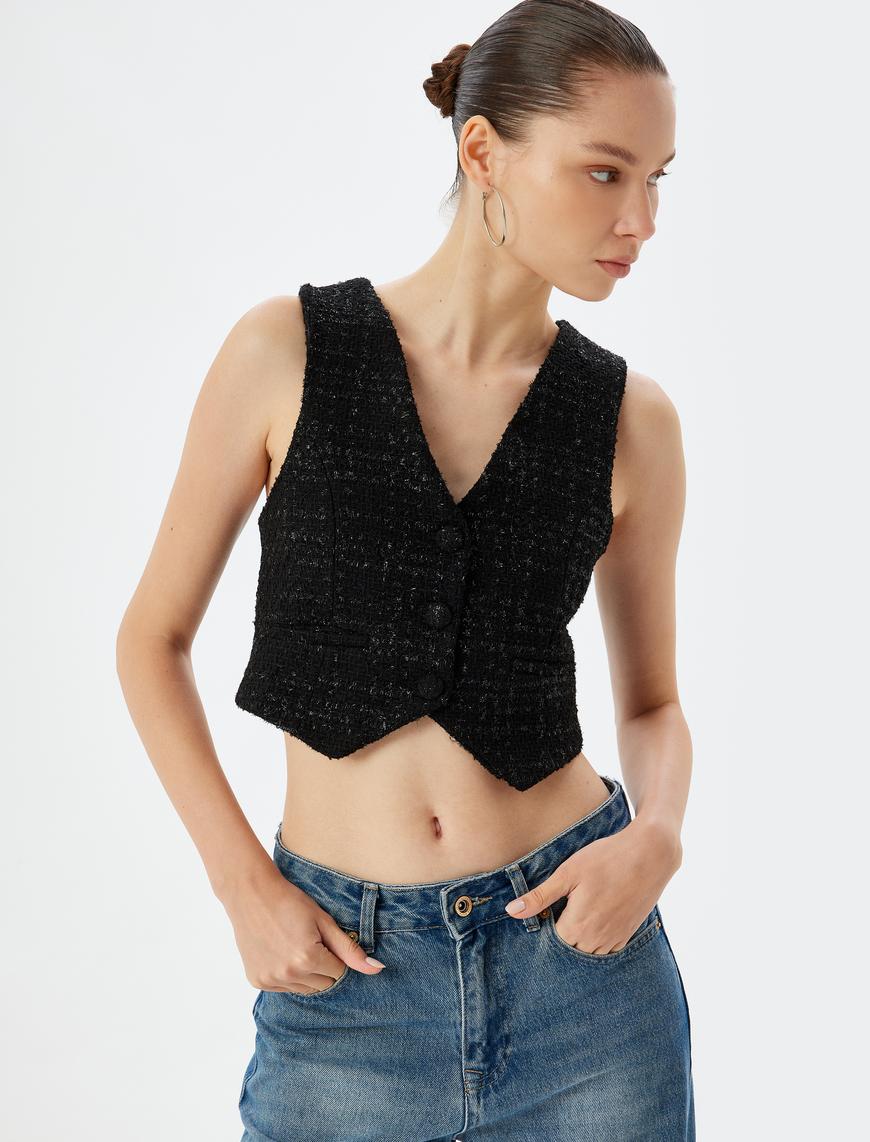   Tüvit Yelek Crop Kolsuz Düğmeli V Yaka Slim Fit