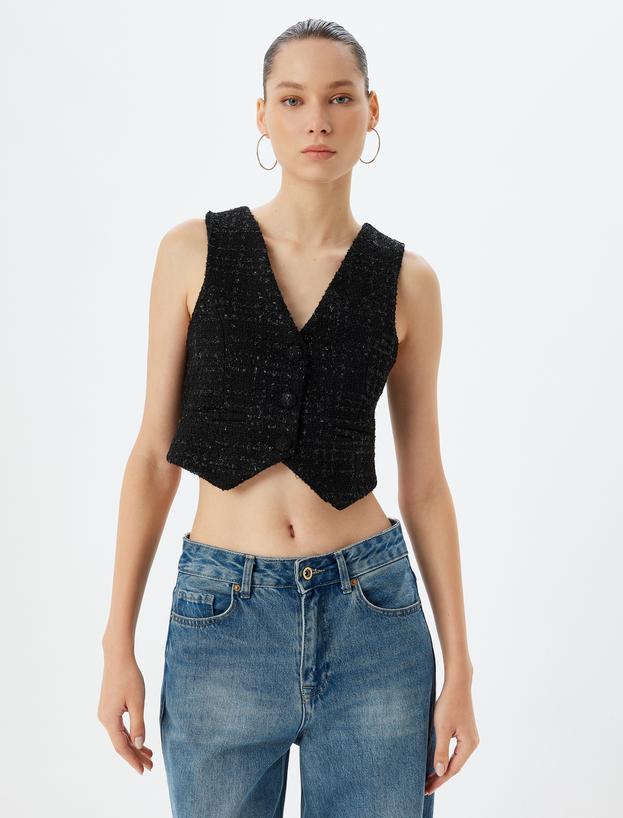 Tüvit Yelek Crop Kolsuz Düğmeli V Yaka Slim Fit_2