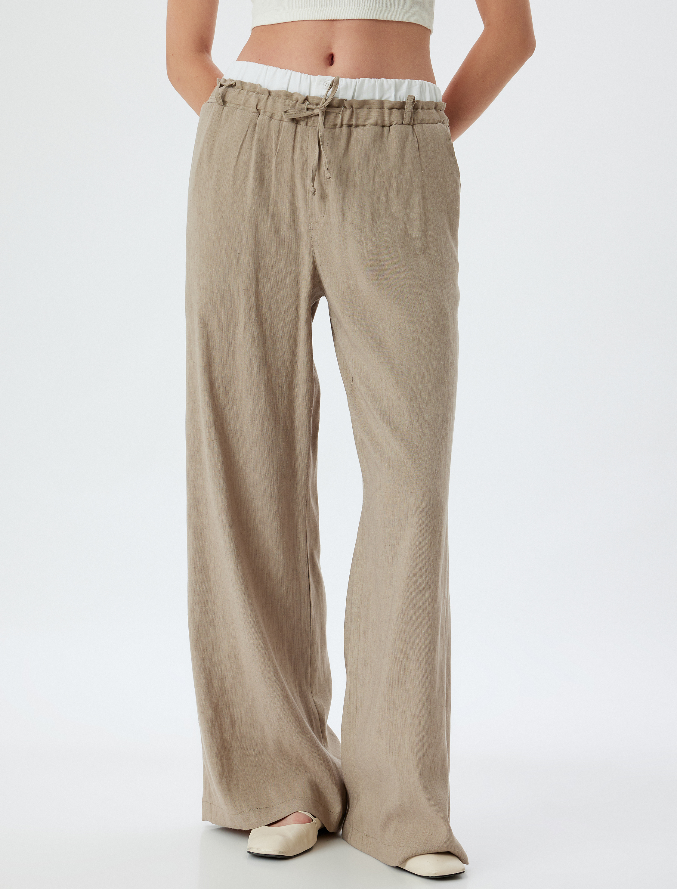   Bol Paça Pantolon Çift Bel Detaylı Cepli Beli Bağlamalı