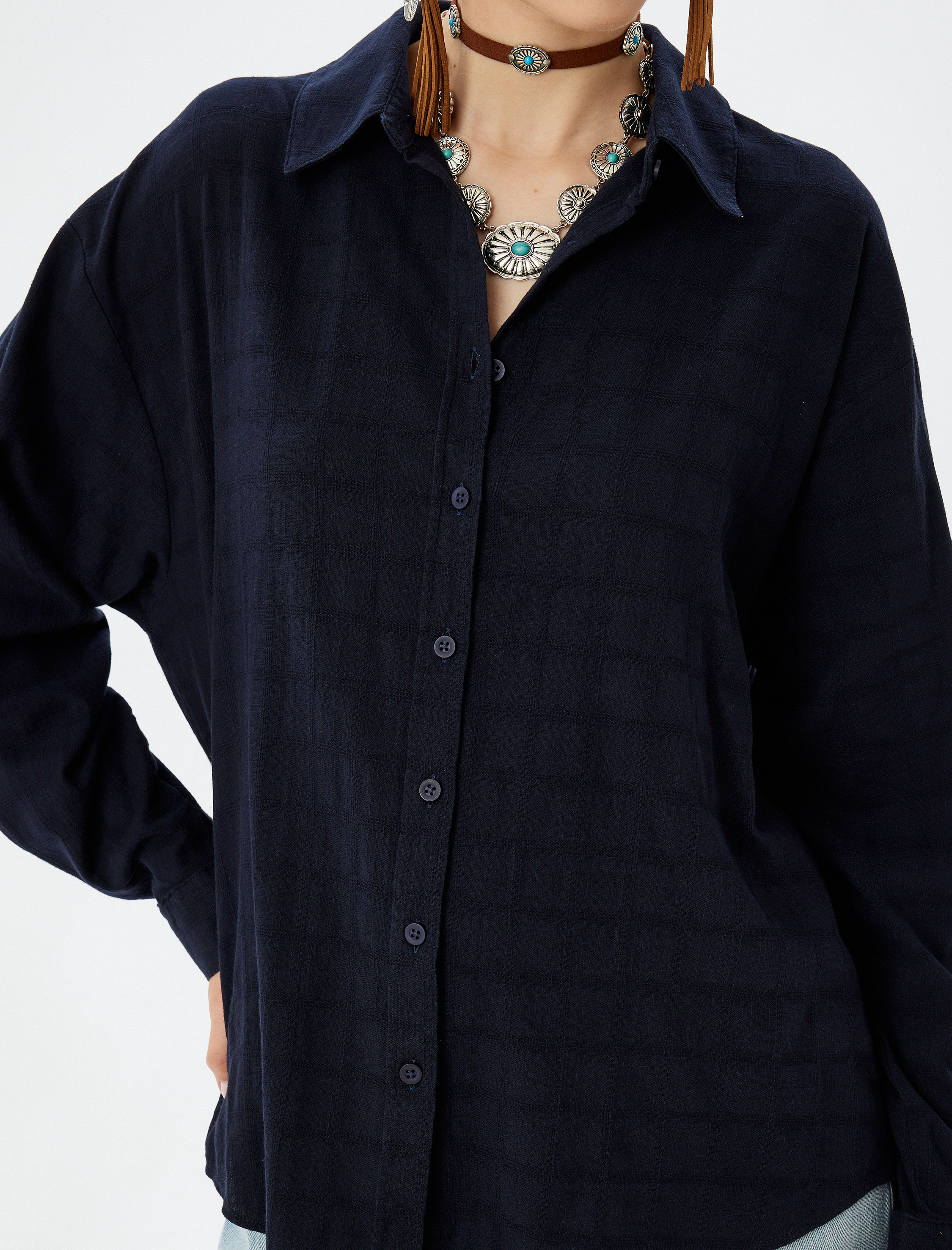 Oversize Gömlek Uzun Kollu Dokulu Klasik Yaka Düğmeli