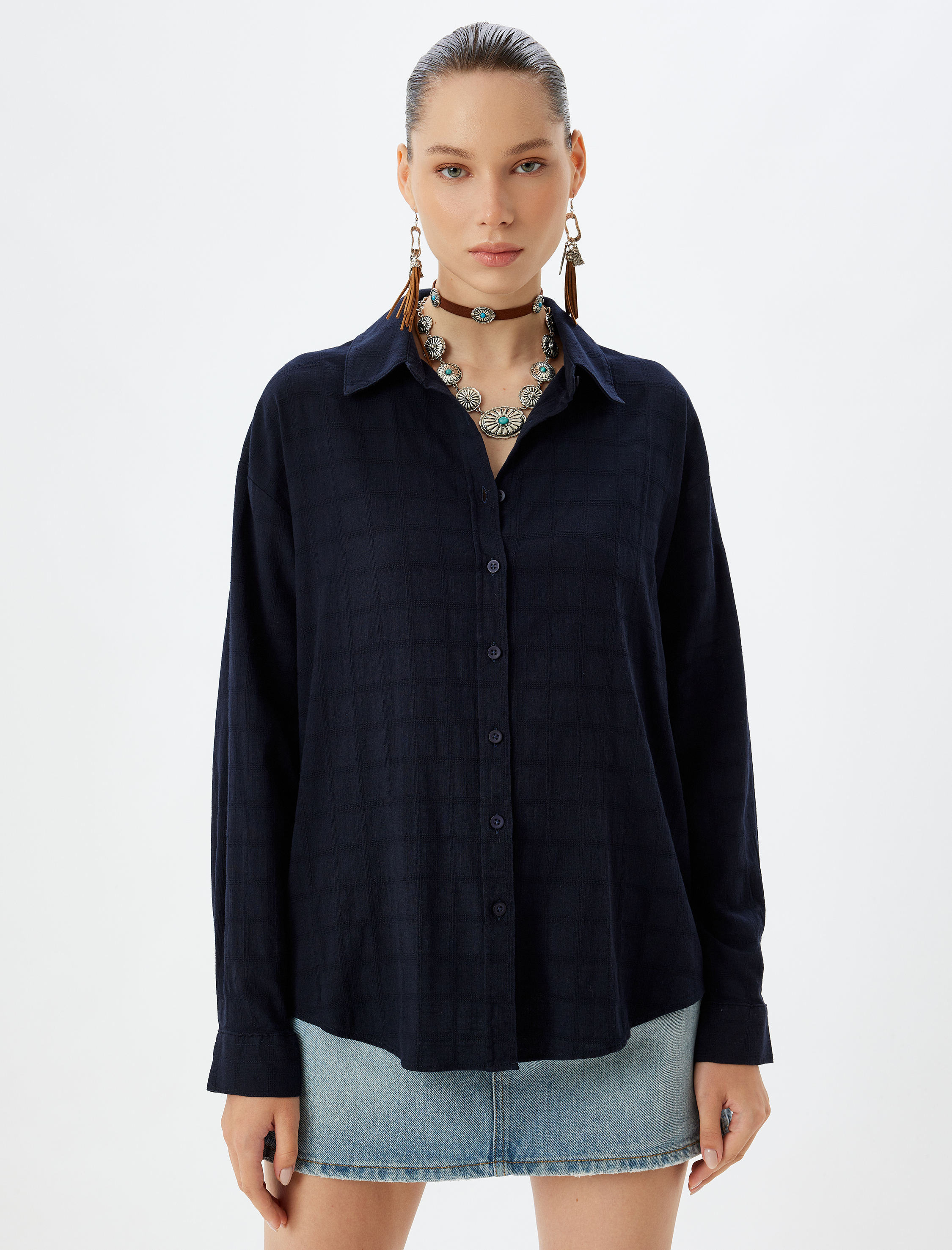 Oversize Gömlek Uzun Kollu Dokulu Klasik Yaka Düğmeli