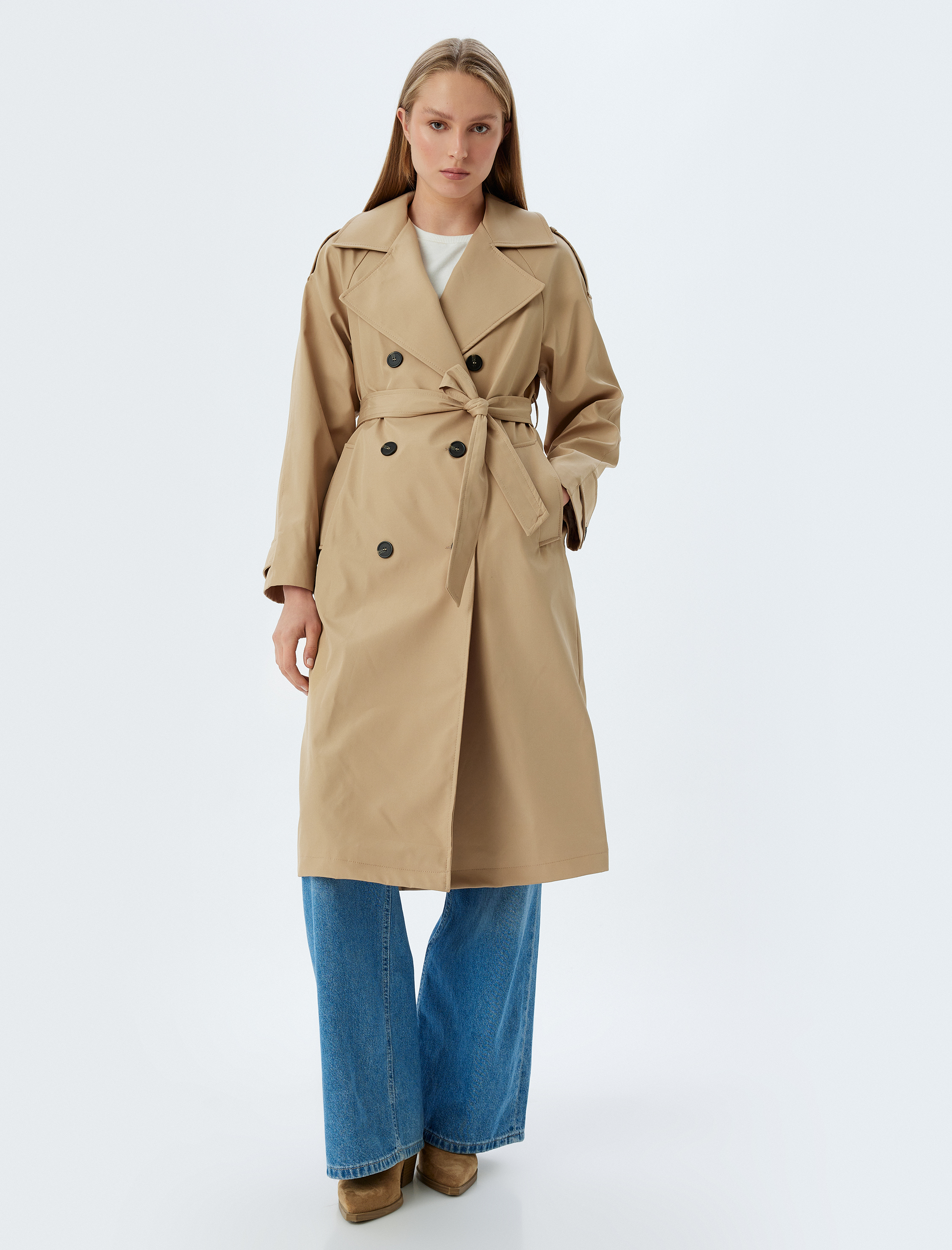 Kruvaze Düğmeli Kuşak Detaylı Cepli Uzun Oversize Trençkot