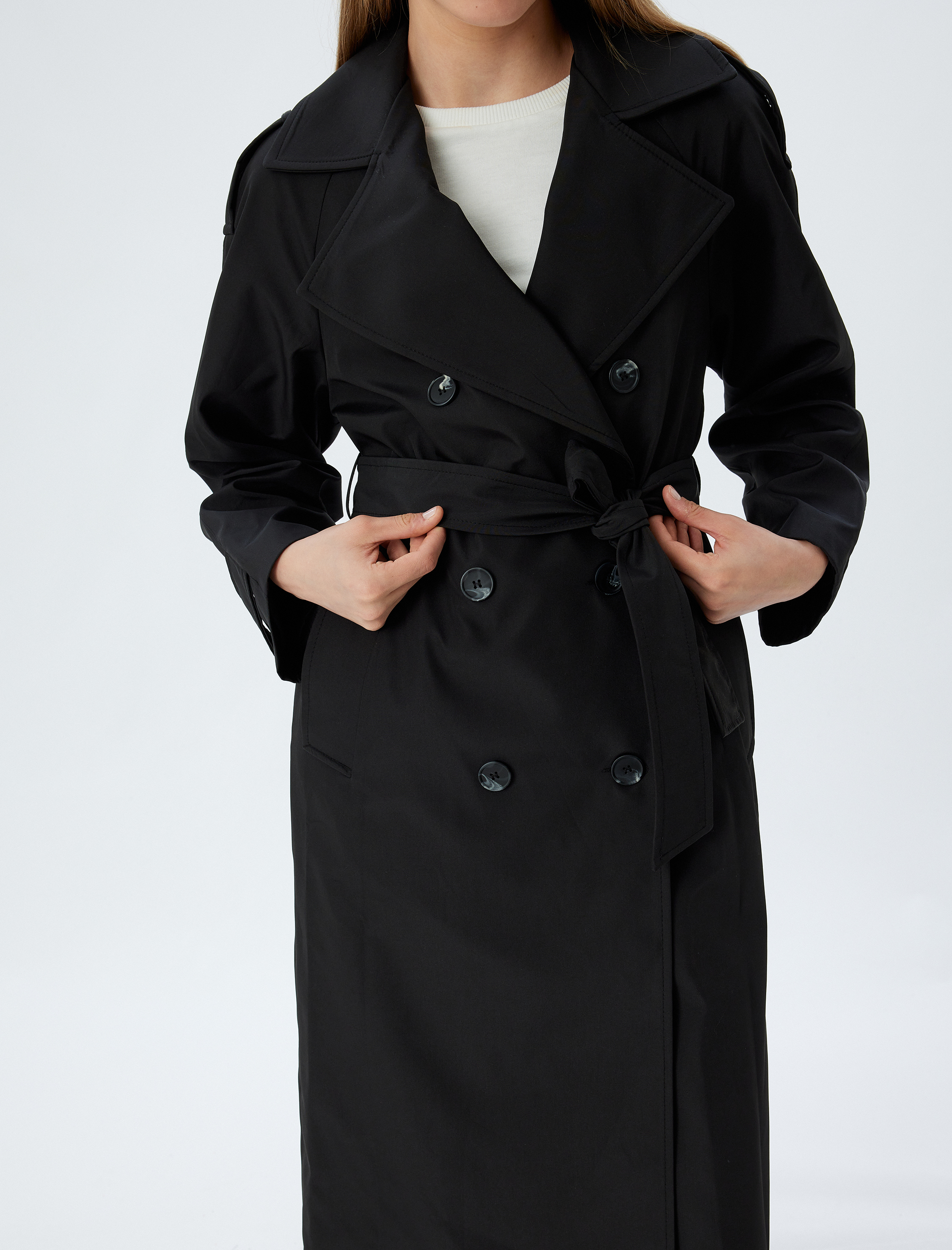 Kruvaze Düğmeli Kuşak Detaylı Cepli Uzun Oversize Trençkot