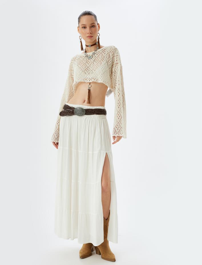  Ajurlu Crop Tişört Uzun Kollu Bisiklet Yaka Rahat Kalıp