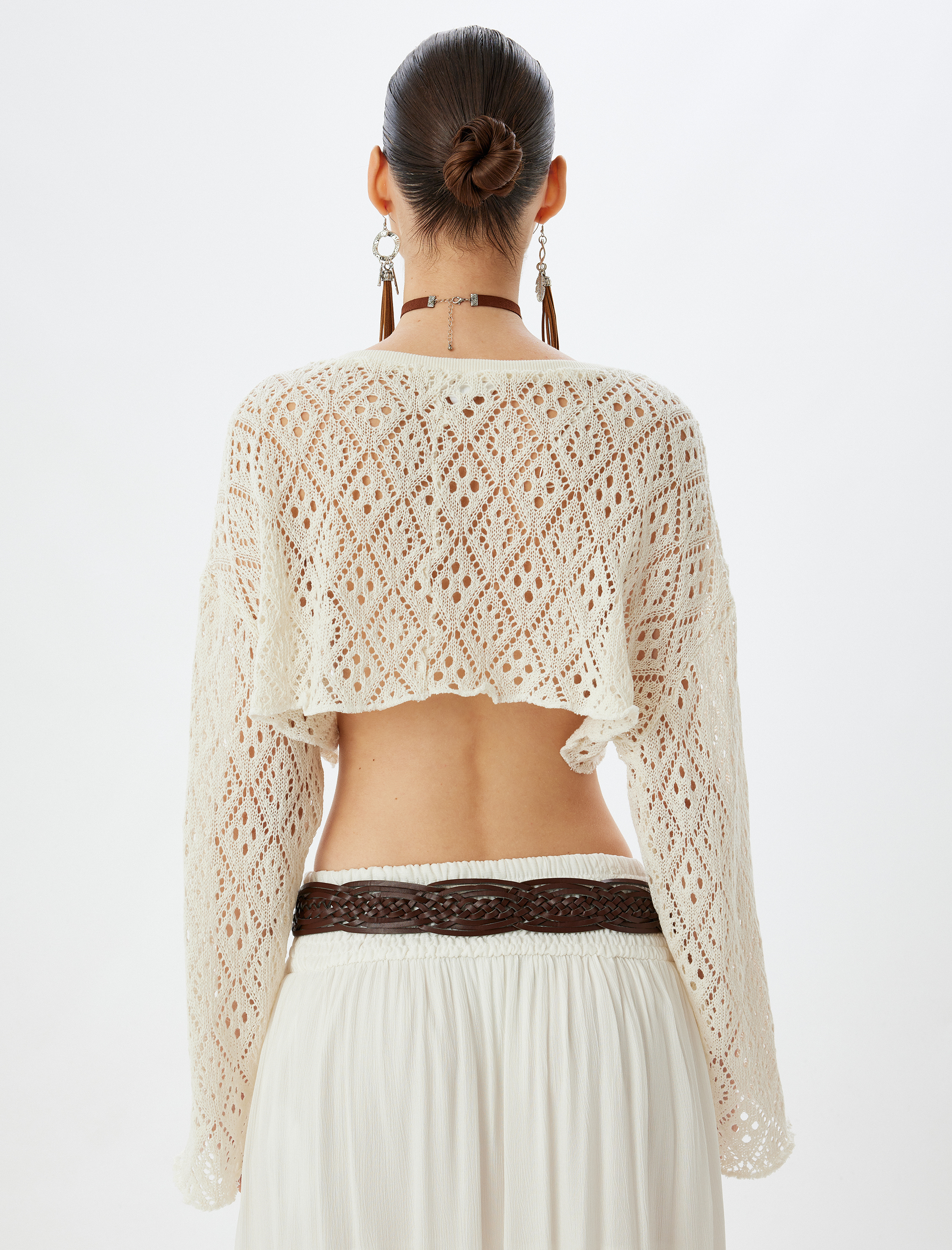   Ajurlu Crop Tişört Uzun Kollu Bisiklet Yaka Rahat Kalıp